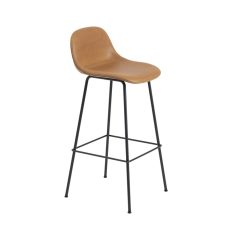 Muuto Tabouret De Bar Fiber Tube Noir + Dossier Cuir Cognac Hot